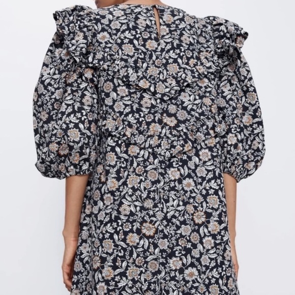 ZARA Black White Printed Floral Ruffle Mini Dress Size Small - Picture 14 of 16